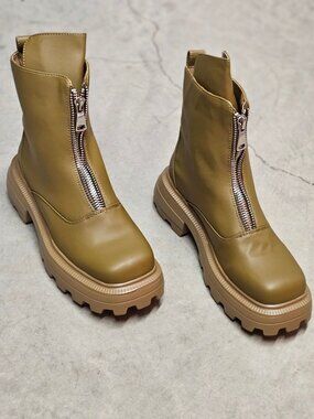 Chunky Sole Olive Green Leather Ankle Boots With Front Zipper And Lug Outsole Fo